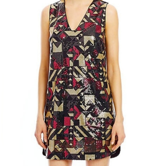 Nicole Miller Multi-color Geometric Sequin Sleeveless Shift Dress - Size 4 - Picture 1 of 4